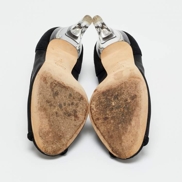 Pre Owned Chanel Size 40 Black Mesh and Suede Peep Toe Pumps