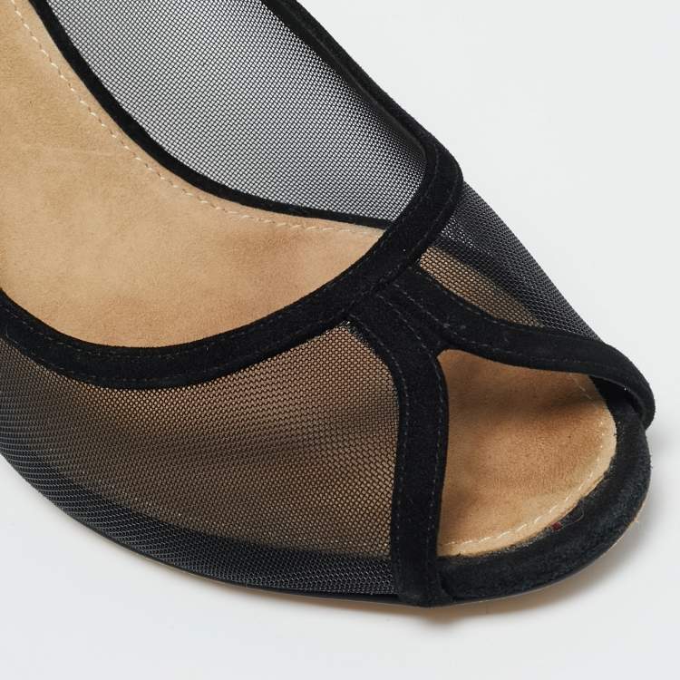 Pre Owned Chanel Size 40 Black Mesh and Suede Peep Toe Pumps