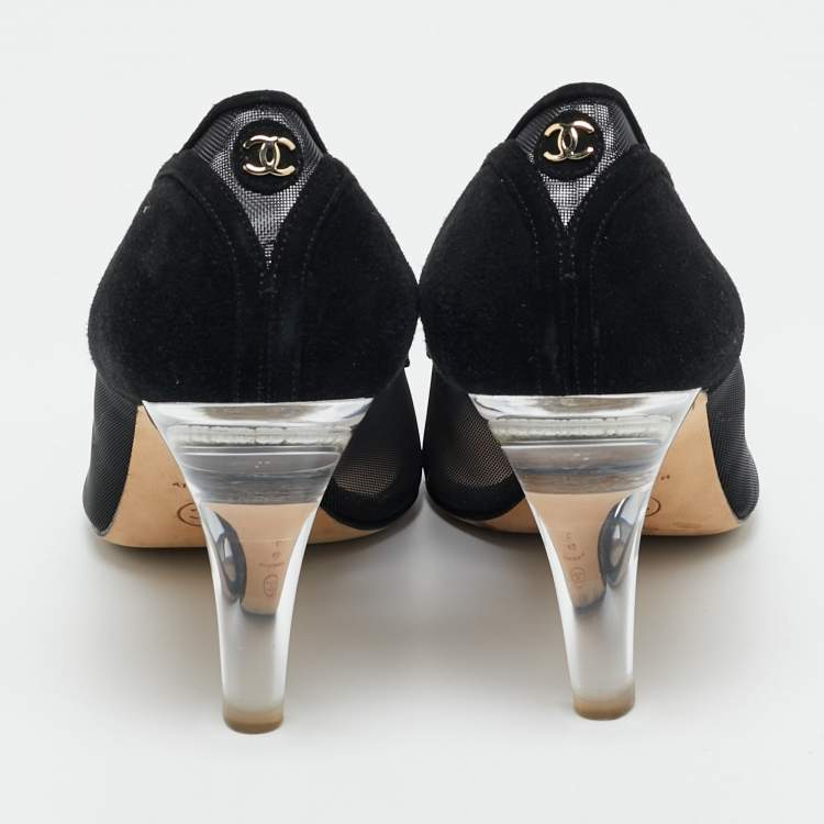 Pre Owned Chanel Size 40 Black Mesh and Suede Peep Toe Pumps