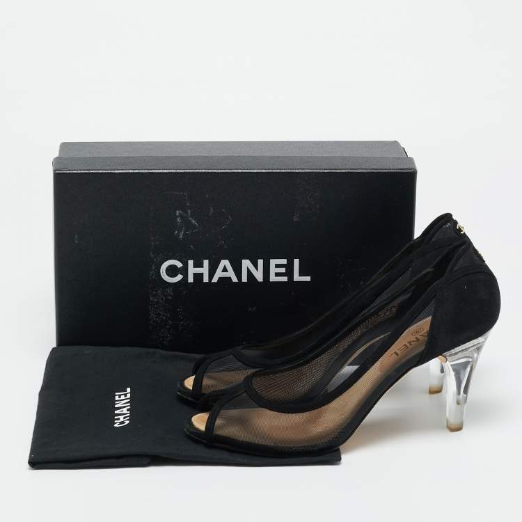 Pre Owned Chanel Size 40 Black Mesh and Suede Peep Toe Pumps
