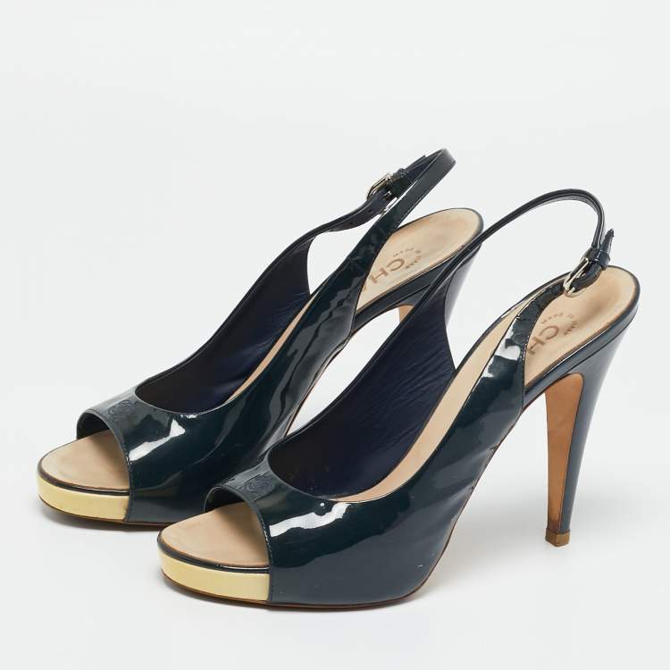Pre Owned Chanel Size 40.5 Navy Blue Patent Leather CC Open Toe Platform Slingback Sandals