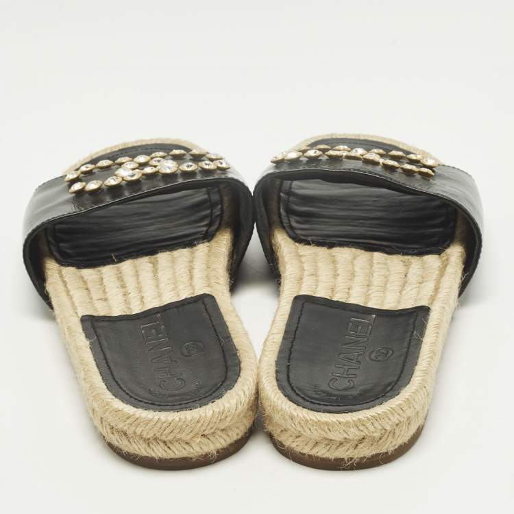 Pre Owned Chanel CC Crystal Embellished Size 36 Black Leather Espadrille Flat Slide