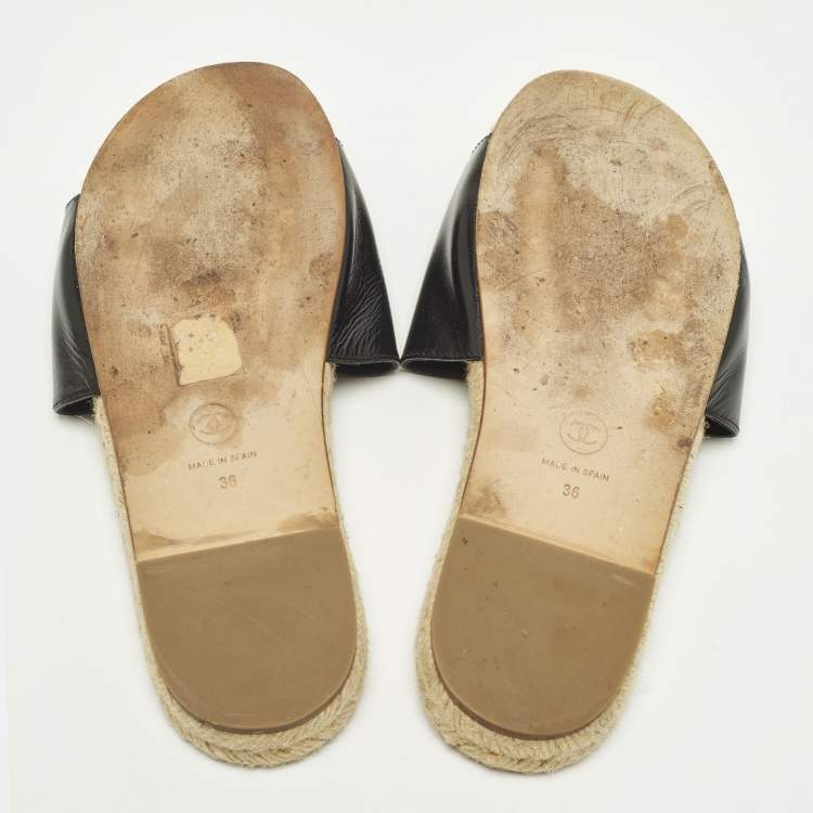 Pre Owned Chanel CC Crystal Embellished Size 36 Black Leather Espadrille Flat Slide