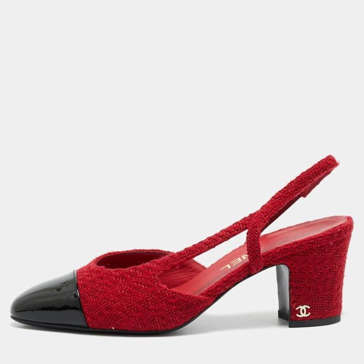 مملوكة مسبقًا Chanel CC Size 37.5 Red/Black Tweed and Patent Leather Slingback Pumps