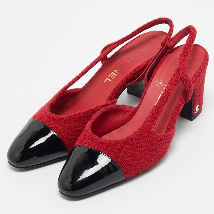 مملوكة مسبقًا Chanel CC Size 37.5 Red/Black Tweed and Patent Leather Slingback Pumps