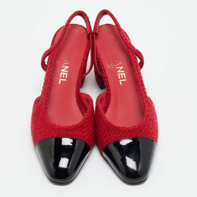 مملوكة مسبقًا Chanel CC Size 37.5 Red/Black Tweed and Patent Leather Slingback Pumps