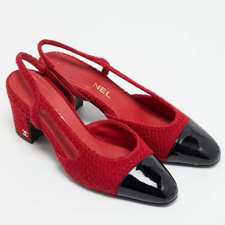 مملوكة مسبقًا Chanel CC Size 37.5 Red/Black Tweed and Patent Leather Slingback Pumps