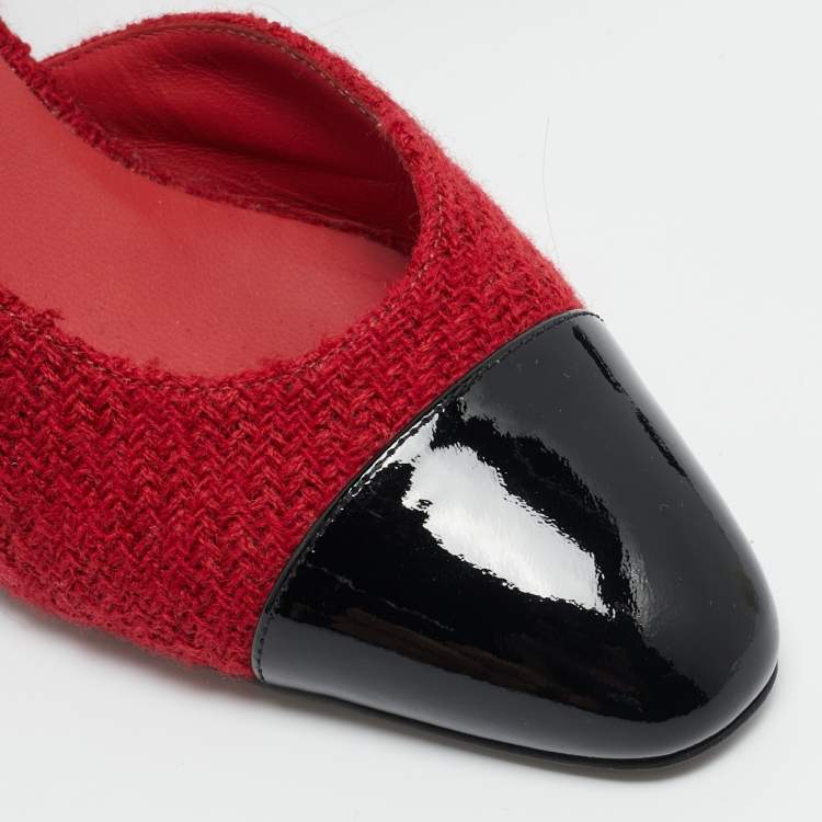 مملوكة مسبقًا Chanel CC Size 37.5 Red/Black Tweed and Patent Leather Slingback Pumps
