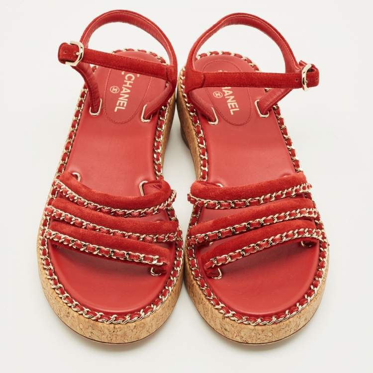 Pre Owned Chanel CC Chain Logo Size 36 Red Suede Ankle Strap Sandals