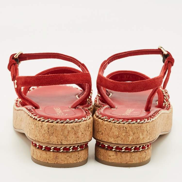 Pre Owned Chanel CC Chain Logo Size 36 Red Suede Ankle Strap Sandals