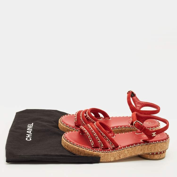Pre Owned Chanel CC Chain Logo Size 36 Red Suede Ankle Strap Sandals