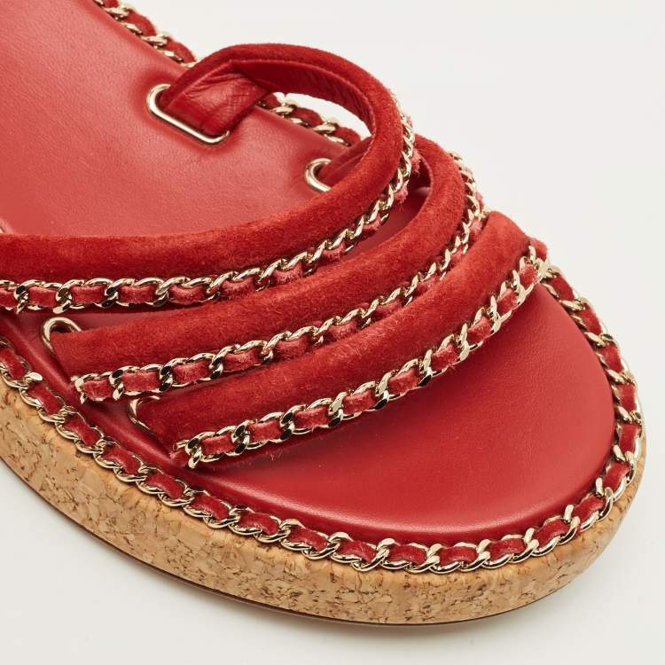 Pre Owned Chanel CC Chain Logo Size 36 Red Suede Ankle Strap Sandals