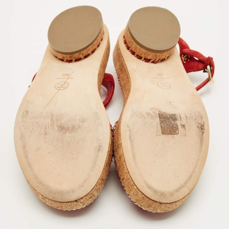 Pre Owned Chanel CC Chain Logo Size 36 Red Suede Ankle Strap Sandals