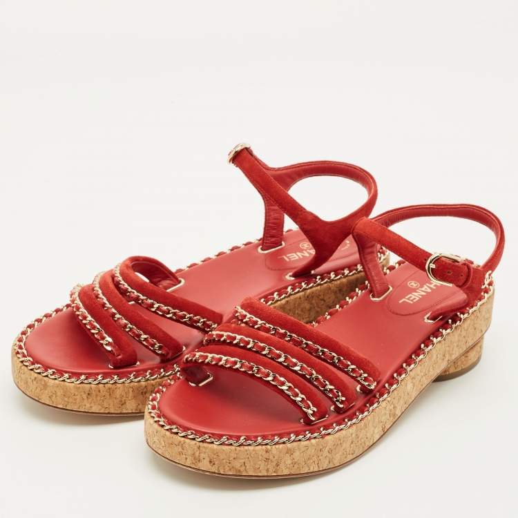 Pre Owned Chanel CC Chain Logo Size 36 Red Suede Ankle Strap Sandals