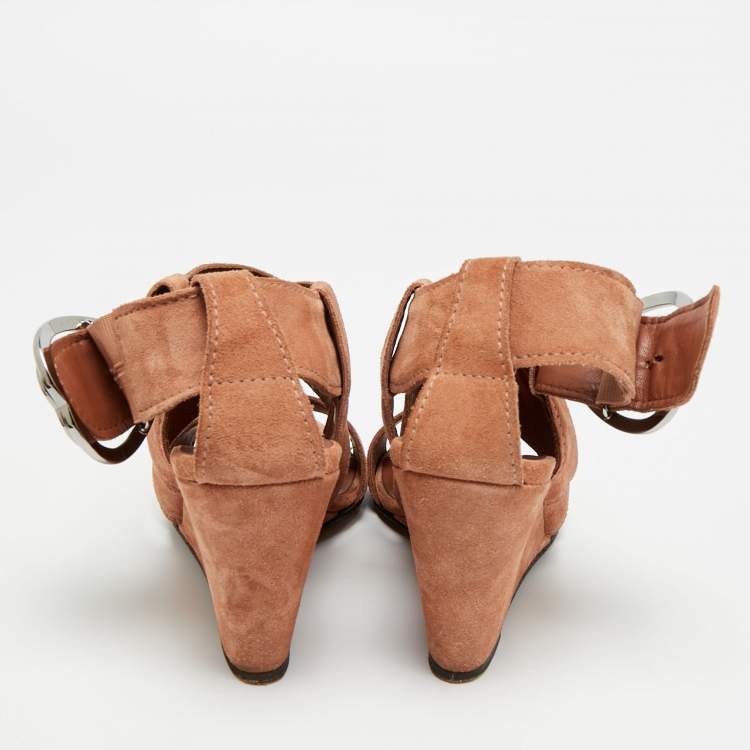 Pre Owned Chanel CC Size 36.5 Brown Suede Ankle Strap Wedge Sandals