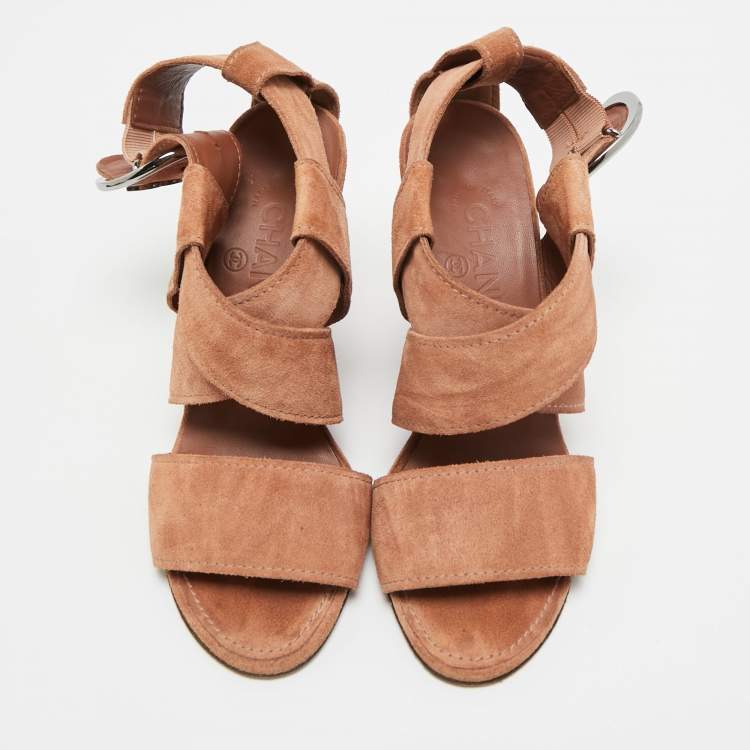 Pre Owned Chanel CC Size 36.5 Brown Suede Ankle Strap Wedge Sandals