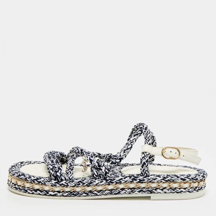 Pre Owned Chanel Dad Size 40 Navy Blue/White Leather and Rope Flat Sandals