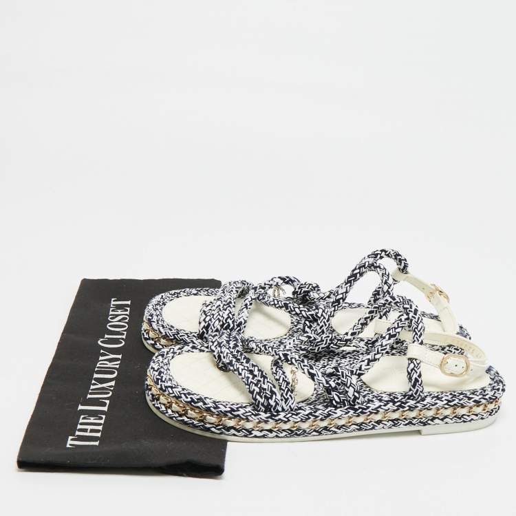 Pre Owned Chanel Dad Size 40 Navy Blue/White Leather and Rope Flat Sandals