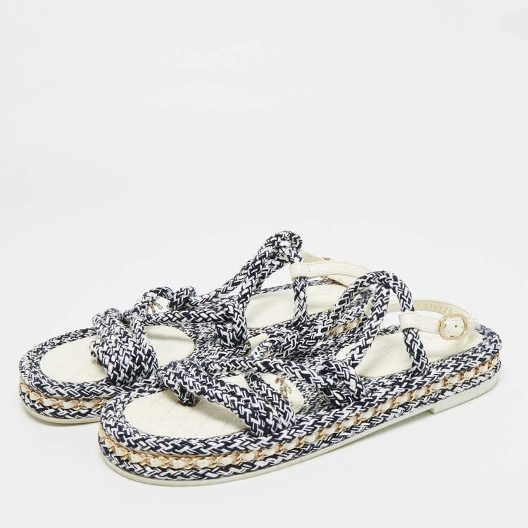 Pre Owned Chanel Dad Size 40 Navy Blue/White Leather and Rope Flat Sandals
