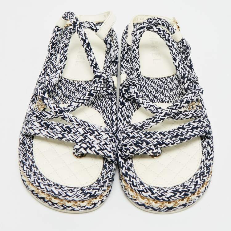 Pre Owned Chanel Dad Size 40 Navy Blue/White Leather and Rope Flat Sandals