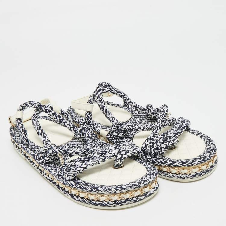 Pre Owned Chanel Dad Size 40 Navy Blue/White Leather and Rope Flat Sandals