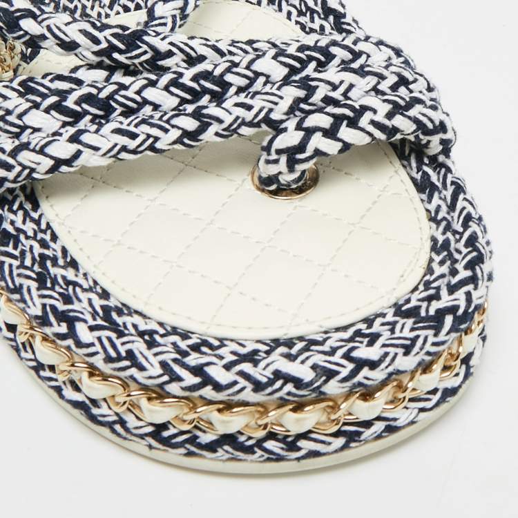 Pre Owned Chanel Dad Size 40 Navy Blue/White Leather and Rope Flat Sandals