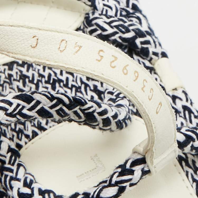 Pre Owned Chanel Dad Size 40 Navy Blue/White Leather and Rope Flat Sandals
