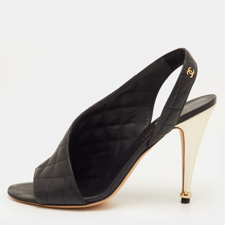 Pre Owned Chanel Size 40.5 Black Quilted Leather CC D'orsay Open Toe Slingback Sandals