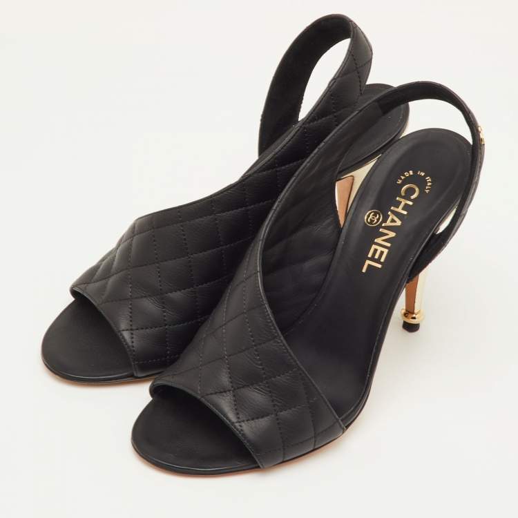 Pre Owned Chanel Size 40.5 Black Quilted Leather CC D'orsay Open Toe Slingback Sandals