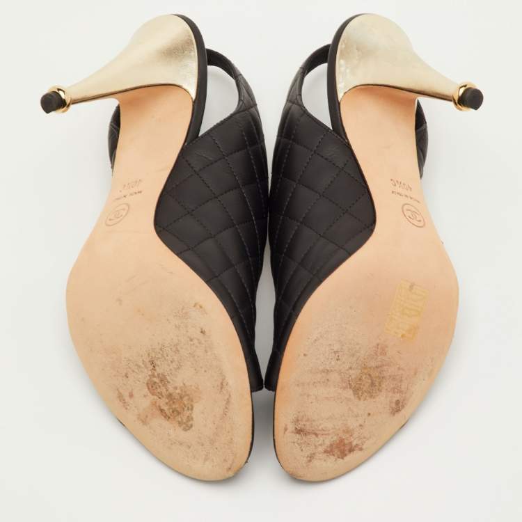 Pre Owned Chanel Size 40.5 Black Quilted Leather CC D'orsay Open Toe Slingback Sandals