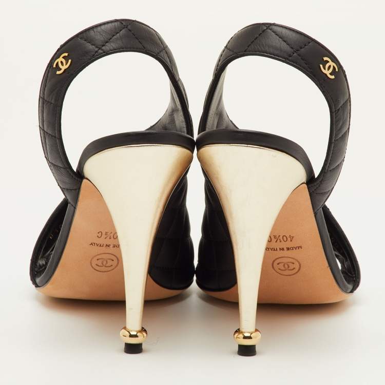 Pre Owned Chanel Size 40.5 Black Quilted Leather CC D'orsay Open Toe Slingback Sandals