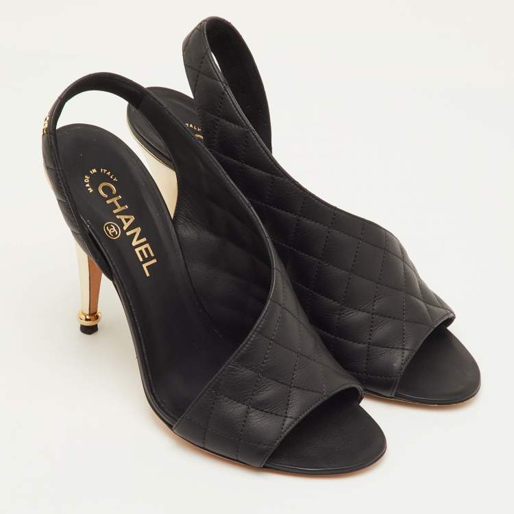 Pre Owned Chanel Size 40.5 Black Quilted Leather CC D'orsay Open Toe Slingback Sandals
