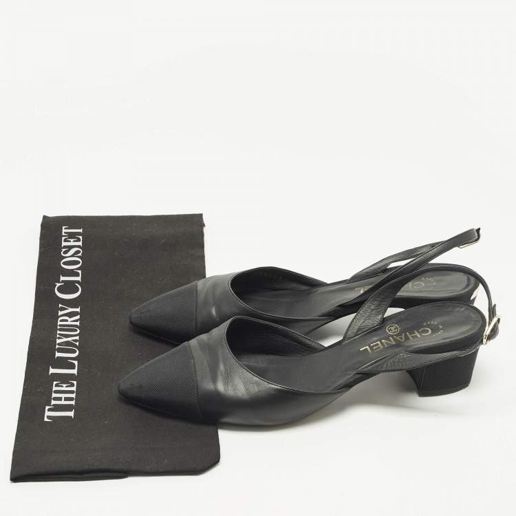 مملوكة مسبقًا Chanel CC Cap Toe Size 41 Black Canvas and Leather Block Heel Slingback Pumps