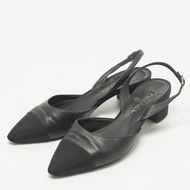 مملوكة مسبقًا Chanel CC Cap Toe Size 41 Black Canvas and Leather Block Heel Slingback Pumps
