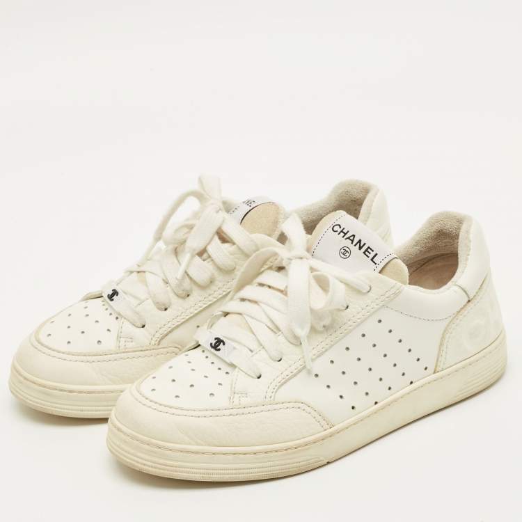 Pre Owned Chanel CC Size 37.5 White Perforated Leather Low Top Sneakers