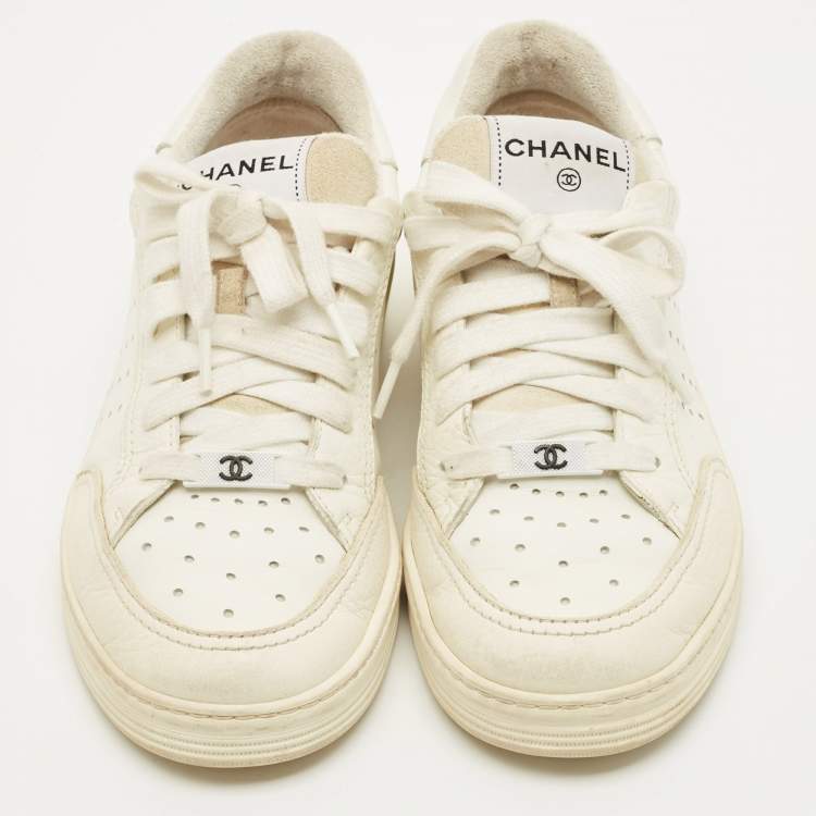 Pre Owned Chanel CC Size 37.5 White Perforated Leather Low Top Sneakers
