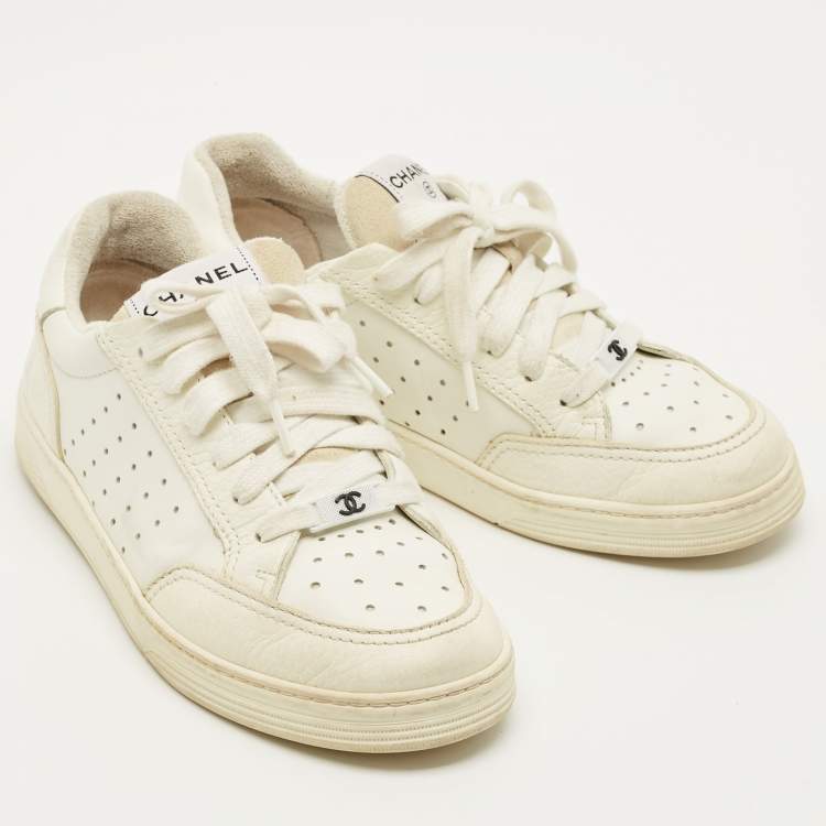 Pre Owned Chanel CC Size 37.5 White Perforated Leather Low Top Sneakers