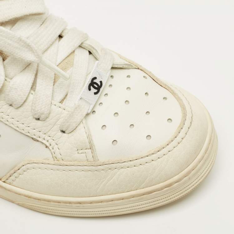 Pre Owned Chanel CC Size 37.5 White Perforated Leather Low Top Sneakers