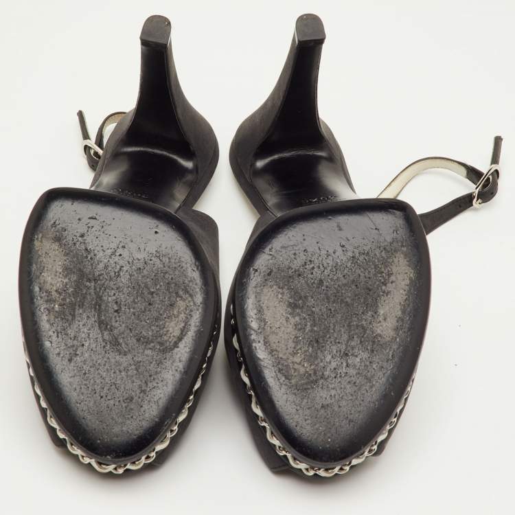 مملوكة مسبقًا Chanel Size 40.5 Black Leather Chain Link Platform Slingback Sandals