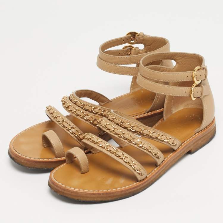 Pre Owned Chanel Size 38 Beige Leather  Chain Detail Ankle Strap Sandals