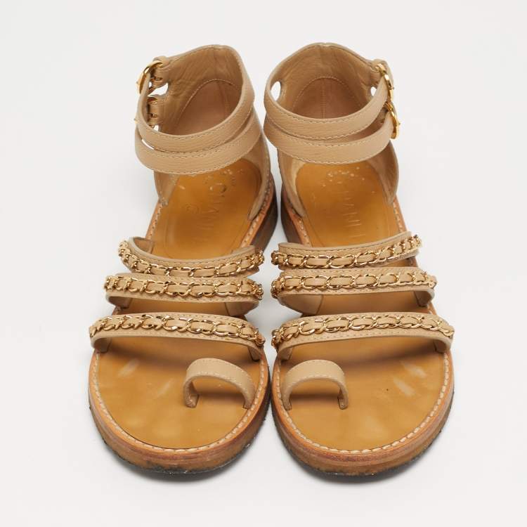 Pre Owned Chanel Size 38 Beige Leather  Chain Detail Ankle Strap Sandals
