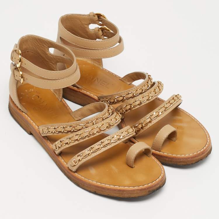Pre Owned Chanel Size 38 Beige Leather  Chain Detail Ankle Strap Sandals