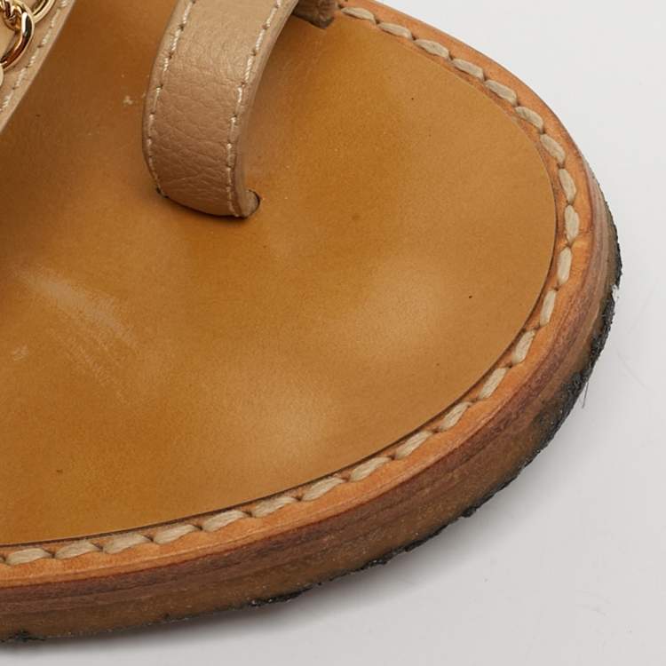 Pre Owned Chanel Size 38 Beige Leather  Chain Detail Ankle Strap Sandals