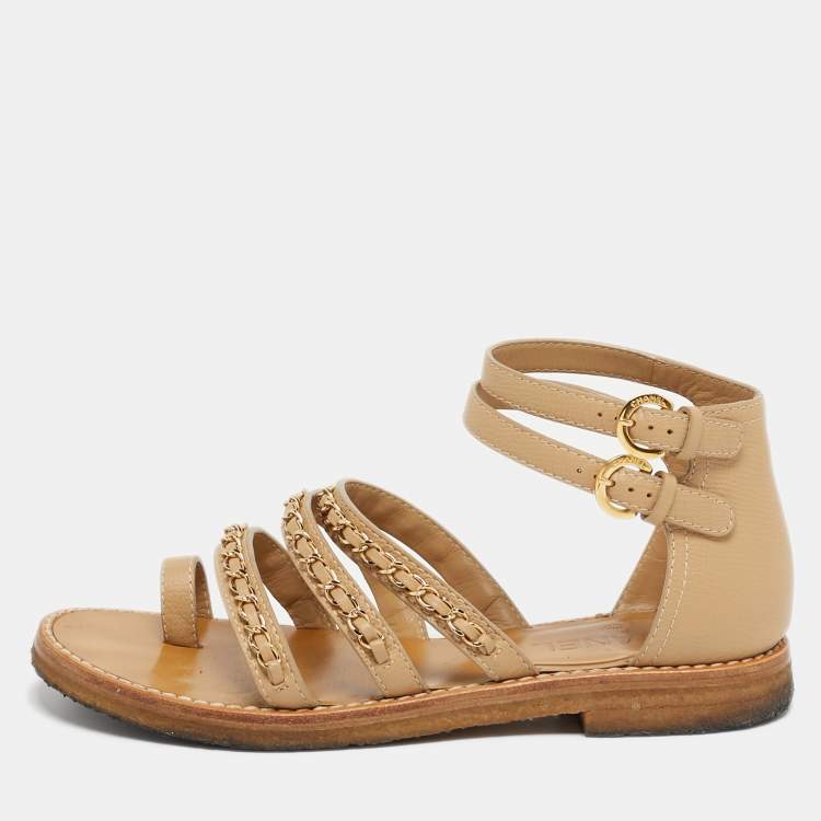 Pre Owned Chanel Size 38 Beige Leather  Chain Detail Ankle Strap Sandals