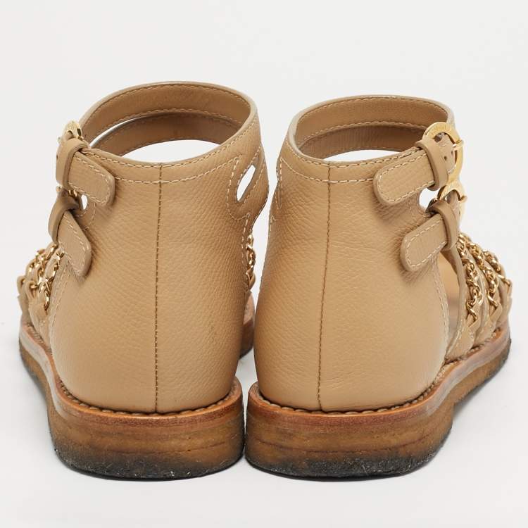 Pre Owned Chanel Size 38 Beige Leather  Chain Detail Ankle Strap Sandals