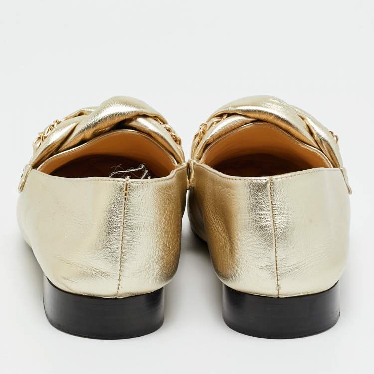 Pre Owned Chanel Logo Embellished Size 38 Gold Leather Loafers