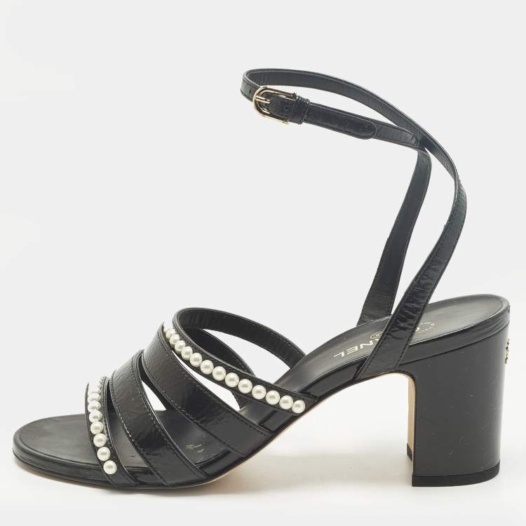 Pre Owned Chanel Size 37.5 Black Leather Pearl Embellished Ankle Strap Sandals