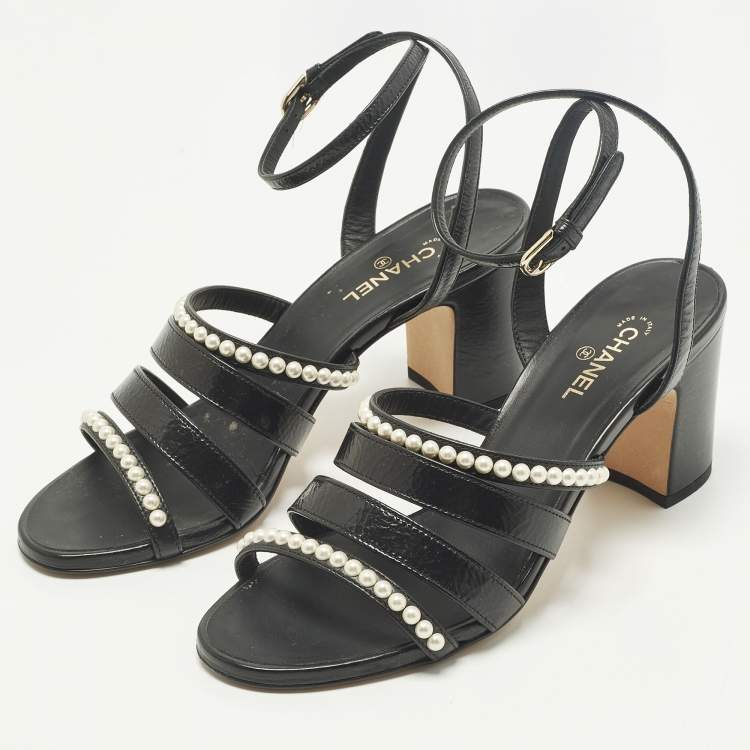 Pre Owned Chanel Size 37.5 Black Leather Pearl Embellished Ankle Strap Sandals