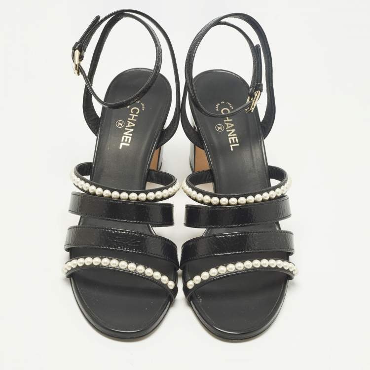 Pre Owned Chanel Size 37.5 Black Leather Pearl Embellished Ankle Strap Sandals
