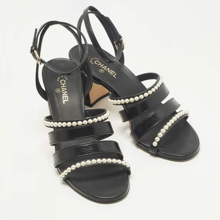 Pre Owned Chanel Size 37.5 Black Leather Pearl Embellished Ankle Strap Sandals